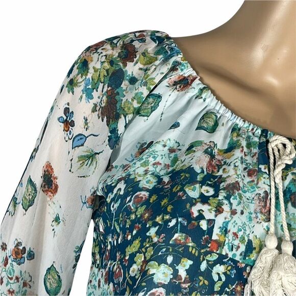 Beautees Blue and Green Floral Blouse laced Wrist - Picture 3 of 15